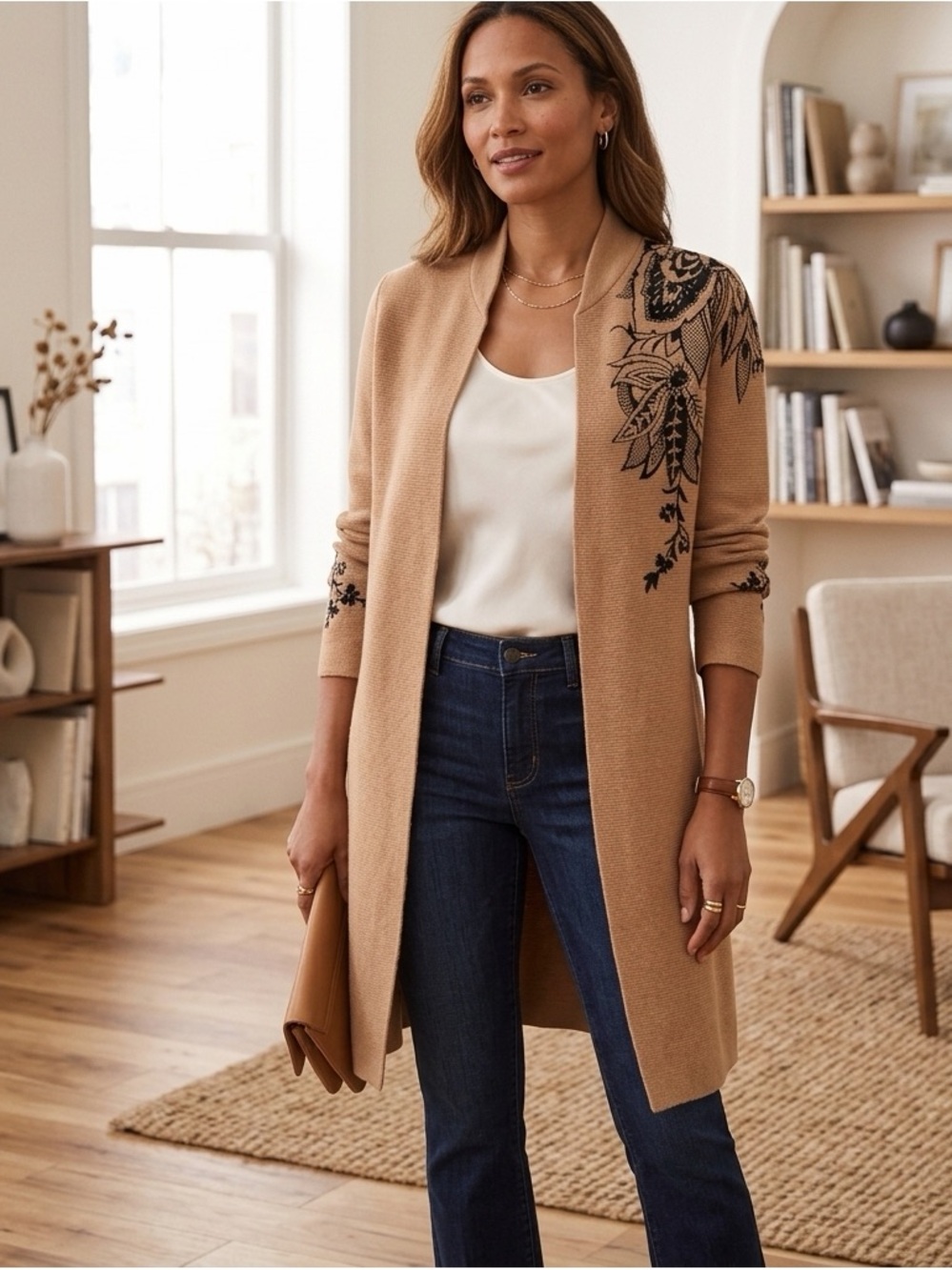 Soft Surroundings Floral Embroidered Duster Cardigan Sweater - Tan/Camel Small